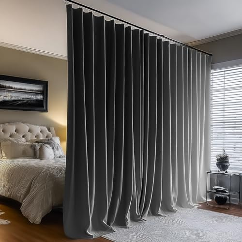 PANOVOUS Tenda divisoria oscurante, extra lunga, isolata termicamente, con ganci, per camera da letto, tende resistenti per porta scorrevole in vetro, 305 x 274 cm, grigio (1 pannello)