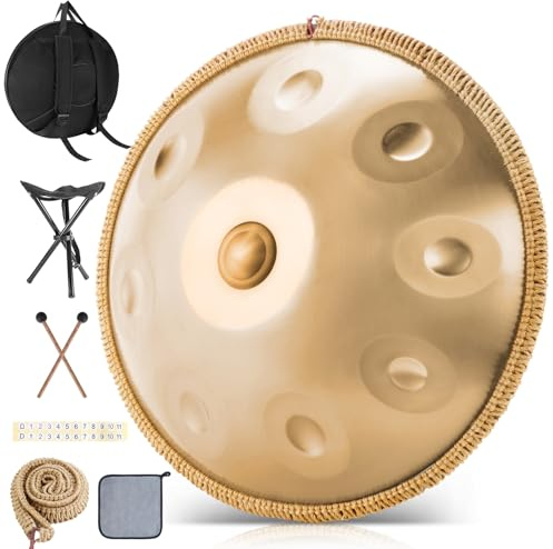BIILOYY Handpan Drum, 22 Zoll 9 Note 440 Hz Handpan Instrument,Steel Tongue Drum in D-Moll Steel pan für Yoga-Meditation, Klangheilung (Gold, 9 Töne- 440Hz)