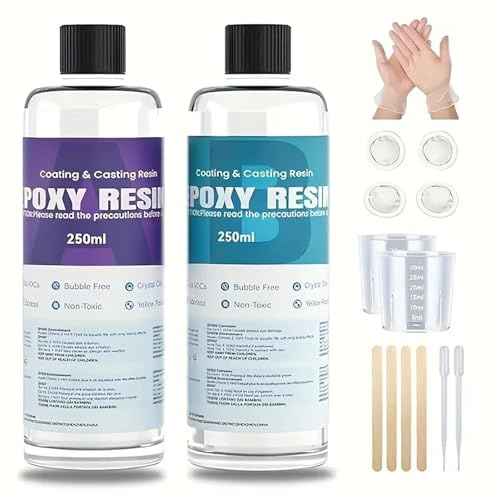 Uadme Kit Resina Epoxi Transparente, Resina Epoxi con Endurecedor 1: 1, sin Burbujas, Pegamento Epoxi para Manualidades, Joyas, Posavasos, Mesas (250ml+250ml)