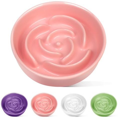 TRUVIC Ceramic Slow Feeder Dog Bowls, 1.5 Cup Puzzle Slow Feeder Bowls for Fast Eaters, Ceramic Dog Food Dish no Black Chin, Puzzle Bowl for Medium Dogs, Pink