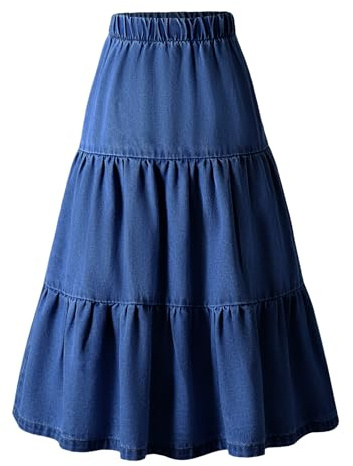 SEAUR Gonna Lunga Jeans Bambina Ragazze Gonne Casual a Vita Elastica Alta Denim Gonna Midi Plissettata A-Linea Girls Skirt Primavera Estate Autunno Blu Scuro 9-10 Anni