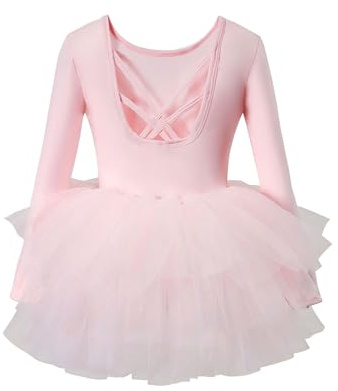 POIUIYQA Vêtements de Ballet Filles 2-10 Ans Robe de Ballet à Manches Longues Robe de Danse de Ballet pour Enfants Dos Nu Costume de Ballet en Coton Corps de Danse avec Jupe de Ballet Tutu