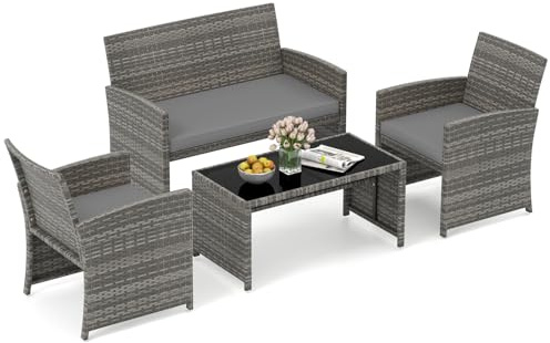 COSTWAY Set Conversazione da Giardino 4 Pezzi, Divanetto e Tavolo in Rattan con Cuscini Imbottiti e Piano in Vetro Temperato, Set Mobili da Esterno in Vimini per Veranda e Balcone (Mix Grigio-Grigio)