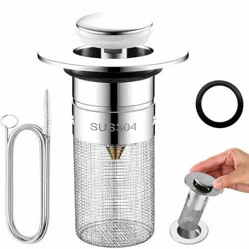 304 Edelstahl Pop Up Abflusssieb, 34-40mm Universal Pop Up Abflusssieb Waschbecken,Keine Demontage Erforderlich, mit Haarsieb und Einer Federbürste ür Bad, Waschbecken und Küche