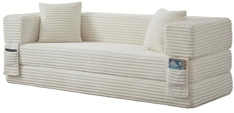HAINEW bäddsoffa, 3-sits soffa och säng med sovfunktion och förvaringspåse, sängsoffa golvsoffa utan armstöd för lägenhet och vardagsrum, 200×76×60 cm, HD26033006 (Vit)