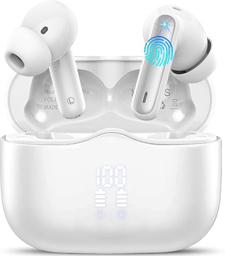 Wireless Earbuds, Bluetooth 5.4 Headphones in Ear 3D Bass Stereo, 40H Wireless Earphones with 4 ENC Noise Cancelling Mic, IP7 Waterproof LED, AI-Enhanced Calls Bluetooth Earbuds for Android iOS, White