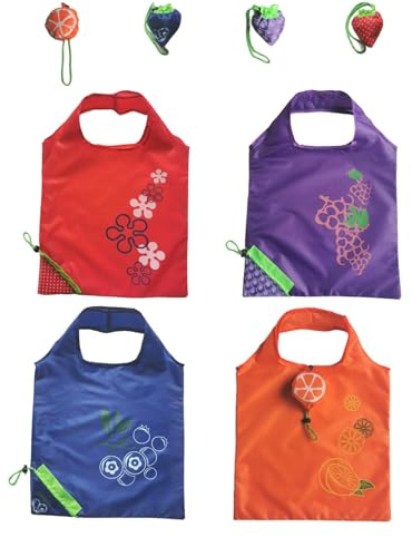 Mtbricey 4Pack Foldable Reusable Shopping Bags Fruit Pattern Tote Bags with Drawstring Large Capacity Waterproof Machine Washable Grocery Bags Compact Portable for Travel Picnic Beach Gym Daily Use