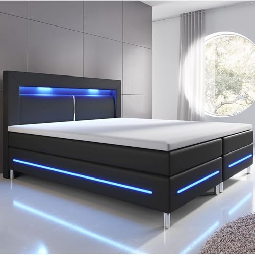 Juskys Boxspringbett Norfolk 140x200 cm - LED Beleuchtung, Bonell Matratze & Topper - 66 cm Komforthöhe - schwarz - Bett Doppelbett Polsterbett