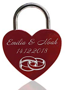 ELUNO Liebesschloss Herzschloss Schloss mit Gravur und Schlüssel I Valentinstags Geschenk für Sie Ihn Hochzeit I incl. Samtbeutel I Motiv Herz 0007 in Rot
