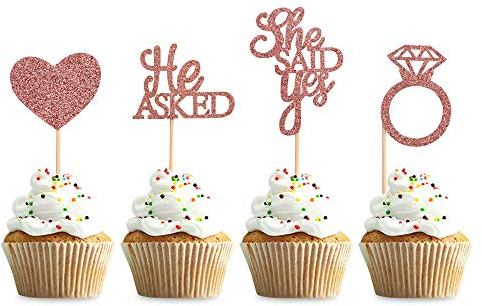 Blumomon 24Pcs Rose Gold Glitter He Asked She Said Yes Cupcake Toppers Diamond Ring Heart Cake Picks for Wedding Engagement Bridal Shower Cake Picks Bachelorette Party Decorations