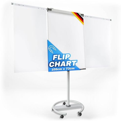 MOB Flipchart Stand Whiteboard Mobile with Wheels Stand 73 x 105 cm Height Adjustable up to 210 cm Writeable Dry Wipe Magnetic Flip Chart with Magnetic Board Rollable & Side Arms Shark