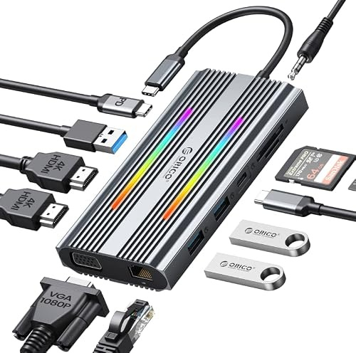 ORICO 12 in 1 USB C Docking Station, Doppia HDMI 4K, VGA 1080P, PD 100W, RJ45, 3 USB 3.0, SD/TF, AUX, 14 Modalità RGB Illuminazione, Compatibile per Windows/Mac OS