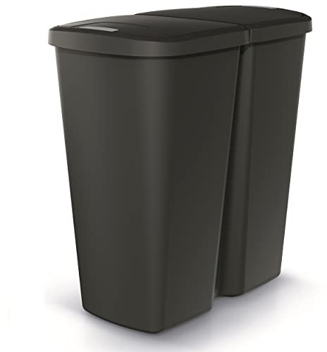 HRB DUO Bin Mülleimer 2 Fächer, idealer Mülleimer Küche mit 2x 25L Mülleimer Trennsystem praktischer Abfalleimer zur Mülltrennung (Schwar-Schwarz)