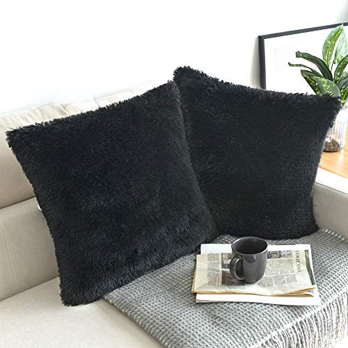 NordECO HOME 2er Set Kissenbezug 40x40 cm Schwarz Künstlich Pelz Dekorative kissenhülle Deko Kissen Kuschelkissen Flauschig Sofakissen Superweich Plüschkissen für Sofa 16x16 Zoll
