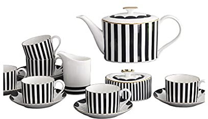 Court Style Teekanne Kaffeetassen-Set Bone China Schwarz Weiß Vertikales Muster 6 Personen Kaffeegeschirr Teegeschirr Zuckerdose Milchkännchen Becher Untertasse Nachmittag