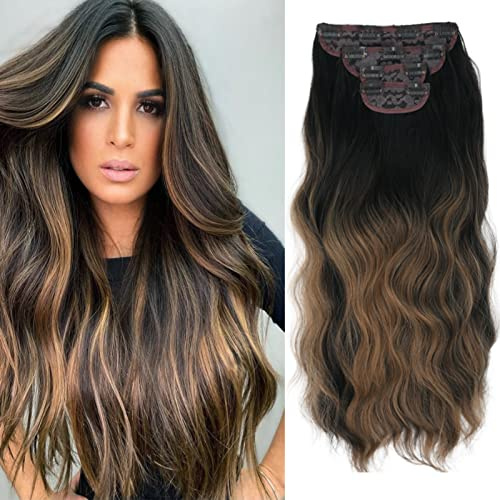 Clip in Extensions Haarverlängerung Haarteil Wellig 55cm 4PCS Synthetik | Hair Extensions Clip in Haarverlängerungen Lang Gewellt für Frauen Voller Kopf Haarextension, Braun ombre karamellblond