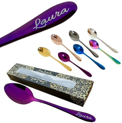 SpoonFromTheMoon Personalised Tea Spoon - Mini Stainless Steel Spoons with Custom Name Engraving - Desert Spoons with Luxury Gift Box - Personalised Gifts for Wedding, Birthdays & Anniversary, 15 cm