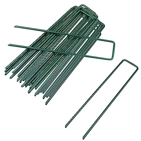 Lot de 50 piquets galvanisés U - Épingles solides - Lutte contre mauvaises herbes, gazon artificiel, filet, tissu (vert)