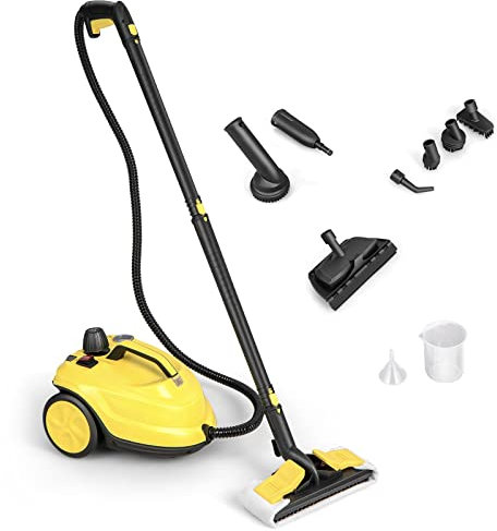 GYMAX Versatile Pulitore a Vapore da 2000W con 13 Accessori e Manometri, Macchina per Pulizia con Serbatoio da 1,8L per Pavimenti Tappeti Tende, Giallo, 36,5x27x24,5 cm