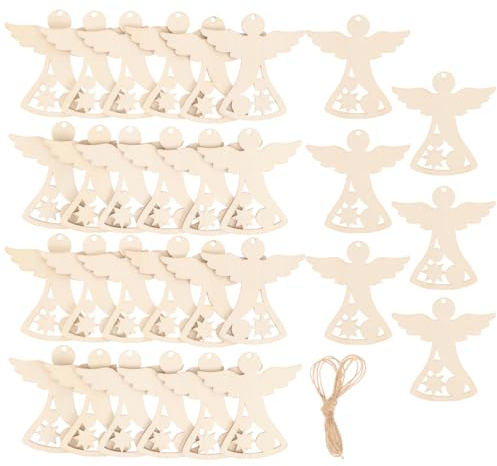 TEHAUX Holzengel Bastelset 30 Stück Runde Engelsförmige Holzscheiben Unbehandelte Holzanhänger Mit Loch Für Weihnachtsdeko Diy Handwerk Und Malen