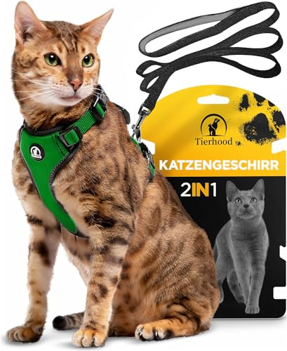 Tierhood® Kattsele – med koppel – för små och stora katter – servisset med koppel för katter – katt (XS (grön, S (31–41 cm))