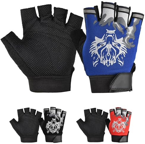 CubePlug Guanti Mezze Dita da Ciclismo per Bambini e Bambine, Imbottiti in Gel, per Bici BMX, Senza Dita [SPI (Blue Wolf, L)