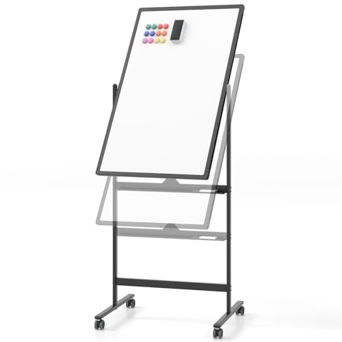 GOPLUS Pizarra Blanca Magnética con Altura Ajustable 151-178CM Doble Cara | Pizarra Blanca Giratoria de 360° con 4 Rueda, Bandeja de Marcadores, Tabla Borrable para Escuela Oficina Hogar, 60×90CM