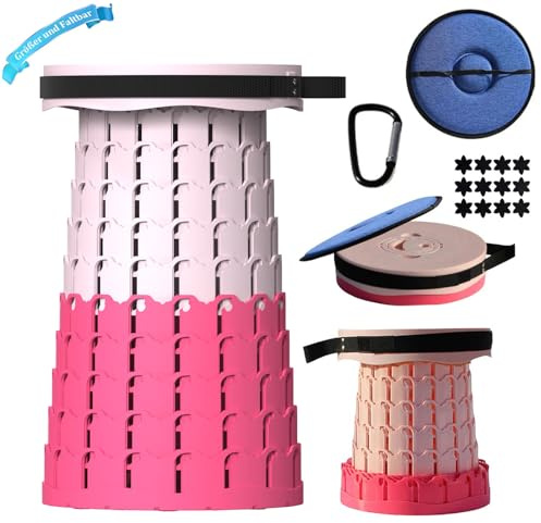 XIUWOUG Klapphocker Faltbar, 2024 Neuer Durchmesser 30 cm Großer Campinghocker, Hocker Höhenverstellbar 7-50 cm des Teleskophocker, Klappbarer Hocker Maximalbelastung 300 Kg,Rosa