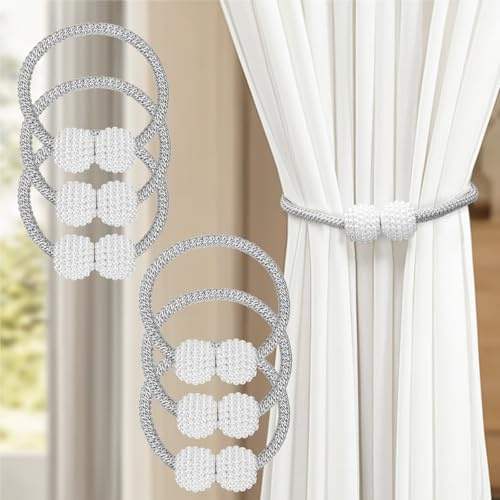 Ulanox 6 Stück Magnetische Vorhang Raffhalter, Grau Raffhalter für Vorhänge mit Perlen Gardinen zubehör, Gardinenhalter für Zuhause, Büro, Dekoration