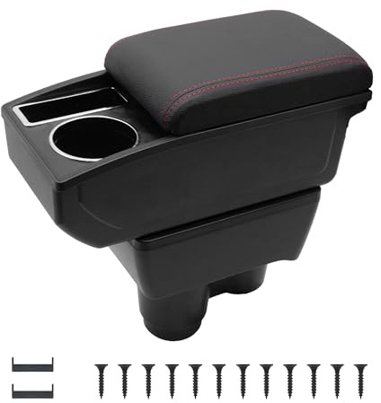 KAERGK Car Armrest Box Compatible With Renault Dacia Duster II 2018-2023 | Double-Decker Storage Space, with Cup Holders, Easy to Assemble, Adjustable, PU Leather, Red Line