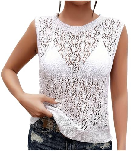 NZYIHAO Pull sans manches pour femme - Gilet en tricot creux - Pull décontracté - Pull en tricot - Col rond - Couleur unie - Confortable - Débardeur pour femme
