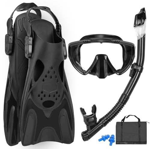 Snorkeling Gear for Adults, Mask Fins Snorkel Set, Panoramic View Diving Mask Anti-Fog, Anti-Leak, Dry Top Snorkel and Dive Flippers with Travel Bag for Snorkeling Swimming