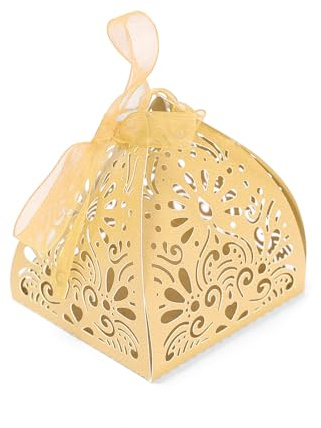 Ruimou 50 Stück Lasergeschnitten Süßigkeitenboxen (6x6x8cm) für Hochzeit, Geburtstag, Abschluss, Party (Golden)