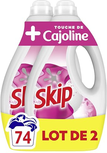 Skip - Lessive Liquide - Touche de Cajoline - 74 lavages - Résultat Impeccable sur les Taches - Apporte de la douceur avec son parfum frais - 2x37 Lavages