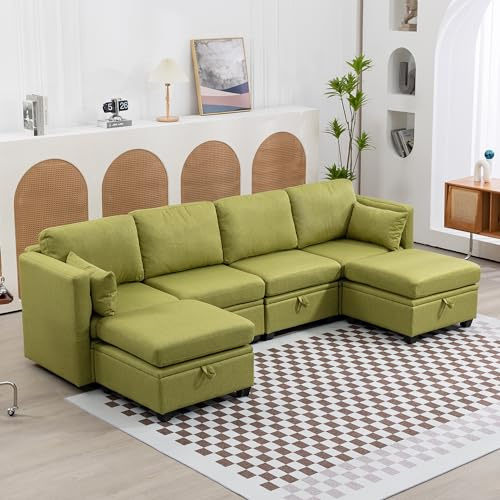 Zubaliya Ecksofa, ausziehbar, 6-Sitzer, Ecksofa, 6-Sitzer, Relaxsofa, Panorama-Sofa, modulares Sofa in U-Form mit Stauraum, klappbare Armlehnen aus Leinen, Wohnzimmersofa