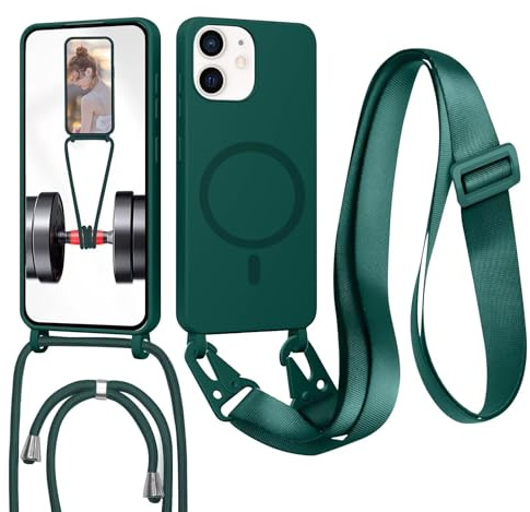 FERLAN Handykette mit Band für iPhone 11 Hülle, Lanyard (abnehmbar) Handyhülle Case mit justierbarer Schnur Abnehmbar Strap, Crossbody Schutzhülle zum Umhängen Kordel, Dunkelgrün