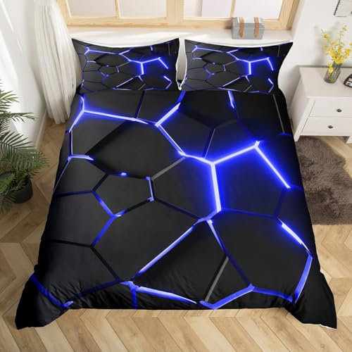 Homemissing Bleu Noir Housse de Couette 220x240 Géométrique Ensemble de Literie Nid d'abeille Effets 3D Néon Motifs Polygonaux Parure de Lit Moderne pour Chambre Ruche Hexagonal Housse Couette