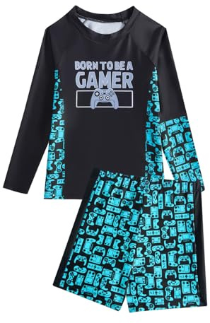 JiAmy Boys Swimming Costume 2 Piece Swim Set Gaming Boy's Long Sleeve UV Rash Guard Shirts with Swim Trunks Swimsuit for Kids 9 Years, Aquamarine