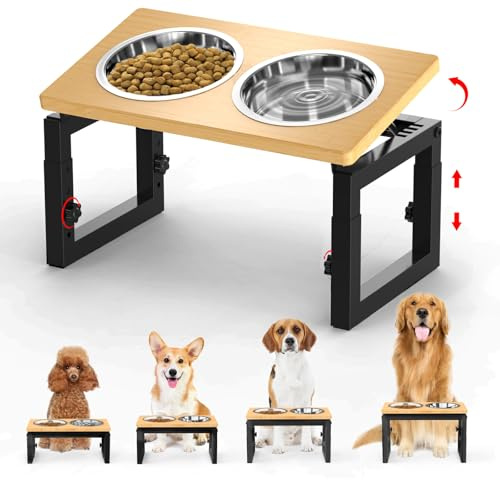 Raised Dog Bowls with Stand, Elevated Dog Bowls with 2 Stainless Steel Dog Food Water Bowl, 4 Heights Adjustable Dog Bowl Stand for Medium Large Dogs and Pets