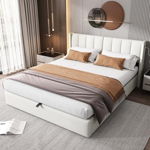 Miyemo Ottoman Double Bed Frame with Storage, 4ft6 Upholstered Bed Frame with Adjustable Headboard & Hydraulic, USB-Port & LED-Lighting, PU, 135 * 190cm, White, (No Mattress)