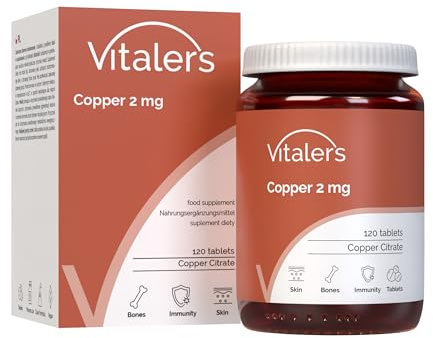 Vitaler's Cobre 2 mg - 120 Tabletas, Vegano, Suplementación de 4 meses, Sin conservantes, Composición pura