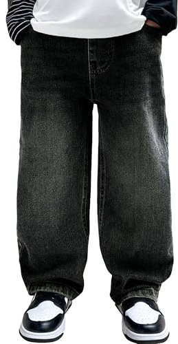 FEOYA Pantaloni Jeans Baggy per Bambini 5-14 Anni, Vita Elasticizzata Gamba Larga, Tasche Frontali, Denim Resistente Lavabile per Autunno Primavera