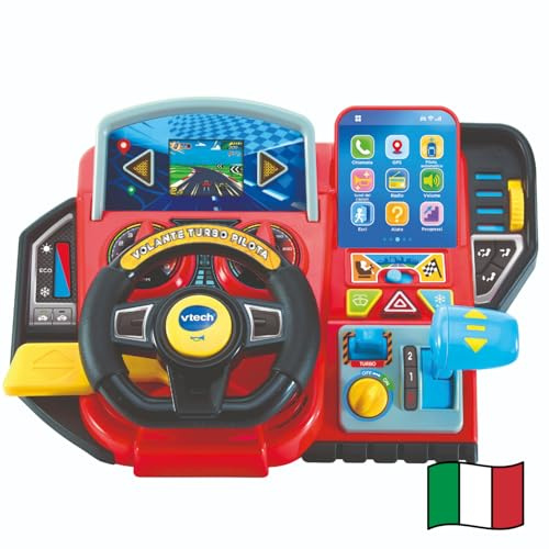 VTech Volante Turbo Pilota, Volante para Niños con Cuadro de Mandos Interactivo, Más de 20 Juegos Educativos y 9 Circuitos, Pantalla LCD, Claxon e Indicador de Dirección, Idioma Español, Pilas