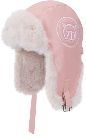 Jesustree Winter Fliegermütze, Unisex Warme Russische Mütze mit Ohrenklappen, PU Winddicht Hut Trappermütze für Snowboarden Skaten Radfahren Outdoor (Rosa)