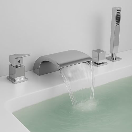 XJTNLB Badewannenarmatur Wasserfall mit Brause Wannenarmatur 4 Loch Mischbatterie Badewanne Chrom Duscharmatur Einhebelmischer