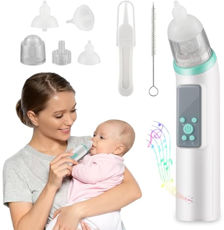 Nuruelter Aspiratore Nasale Neonato, Aspirador Nasal Elettrico Ricaricabile con 5 Livelli di Aspirazione e 3 Punte Silicone, Detergente per Naso con Musica e Luci per Bambini