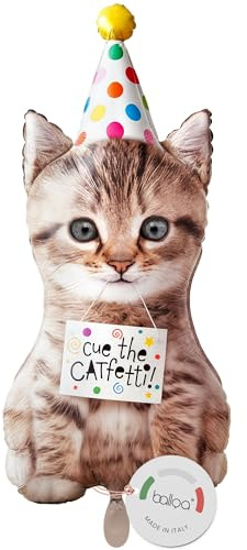 balloa Folienballon Katze mit Partyhut, XXL Deko Kindergeburtstag, 91 cm | Katze mit Partyhut und Cue the Catfetti Spruch, XXL Tierform, heliumgeeignet, ungefüllt, Deko für Kindergeburtstage