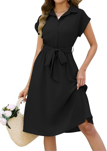 CMTOP Summer Dresses for Women Casual Short Sleeve V-Neck Midi Dresses Fashion Elegant Shirts Dress Solid Color with Pockets (Black, M)