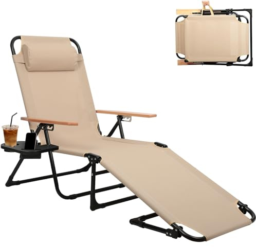Cozykimo Silla de jardín plegable con 4 respaldos ajustables, tumbona plegable, portavasos, capacidad de 150 kg, plegable, para balcón, terraza, camping, playa ligera (Beige)