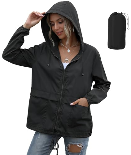 JiaYouLC Womens Lightweight Waterproof Jackets Packable Raincoat With Hoodie Waterproof Running Rain Jacket for Outdoor Walking Hiking